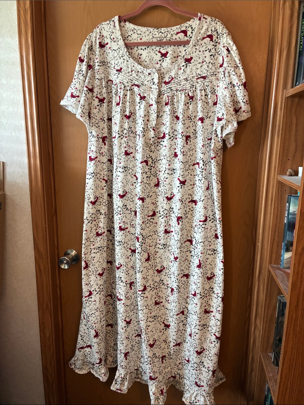 Cream Maxi Nightgown with Red Floral & Bird Print
